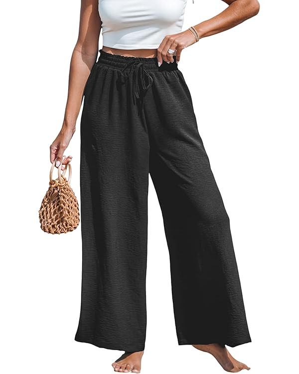 CUPSHE Women Wide Leg Pants High Waisted Trousers Linen Palazzo Lounge Beach Cover Ups Flowy Pant... | Amazon (US)