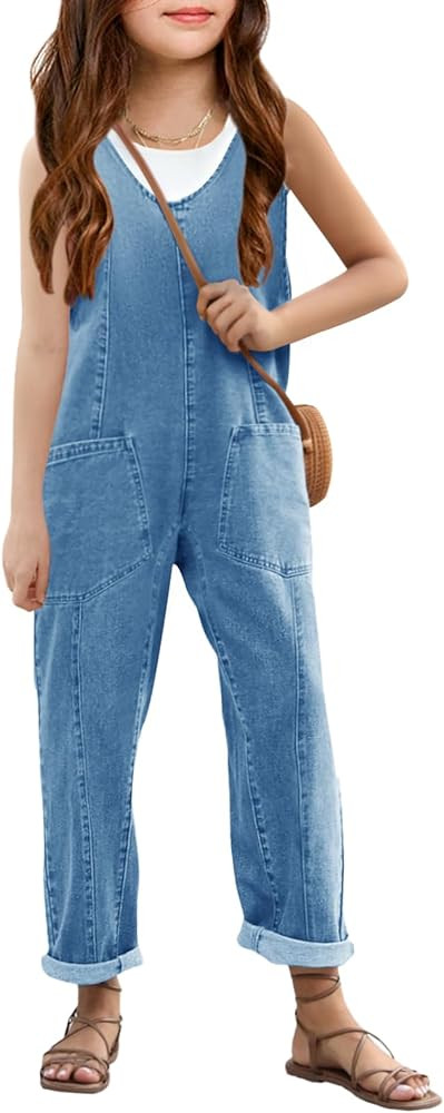 Haloumoning Girls' Denim Overall Jumpsuits Sleeveless V Neck Adjustable Straps Jeans Pants Jumper... | Amazon (US)