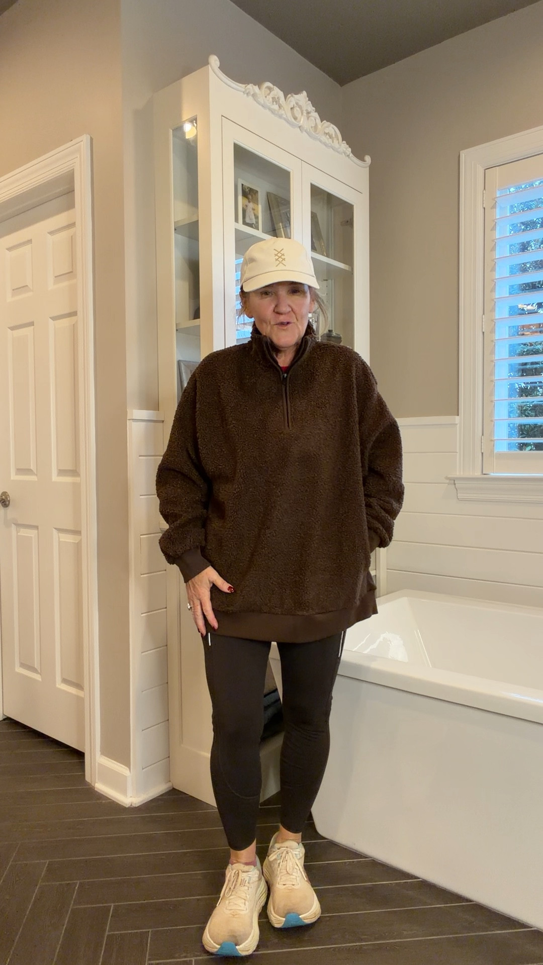 @athleta 30% off still on today and my order started arriving! 
I sized up in the Sherpa tunic to a large. 
Rainier leggings have a brushed backing. Not a bulky fleece. Size medium petite 
I ordered the brown momentum top. Size up 1
Endless pants in pine in a petite 

#LTKSaleAlert #LTKOver40 #LTKActive