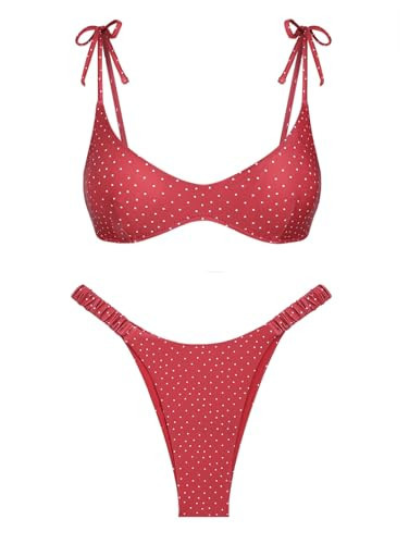seamoly Vintage Polka Dots Tie Shoulder Cutout Back High Leg Bikini Set, Red, L | Amazon (US)