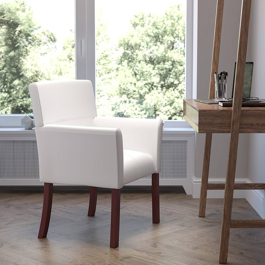 EMMA + OLIVER White LeatherSoft Executive Side Reception Chair with Mahogany Legs | Amazon (US)