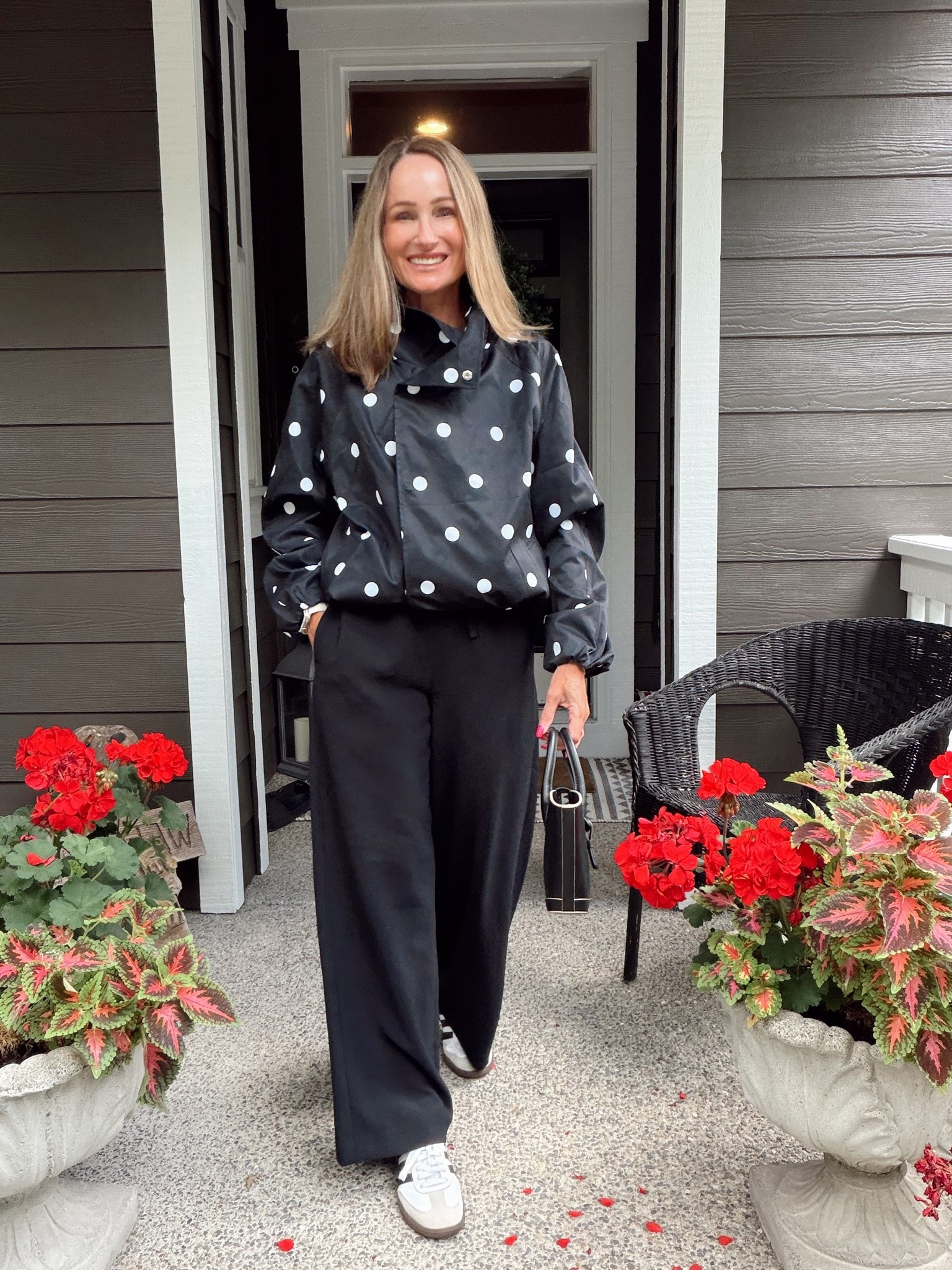 The cutest polka dot jacket! Nice thick material so it holds its shape. Double breasted sturdy snaps.