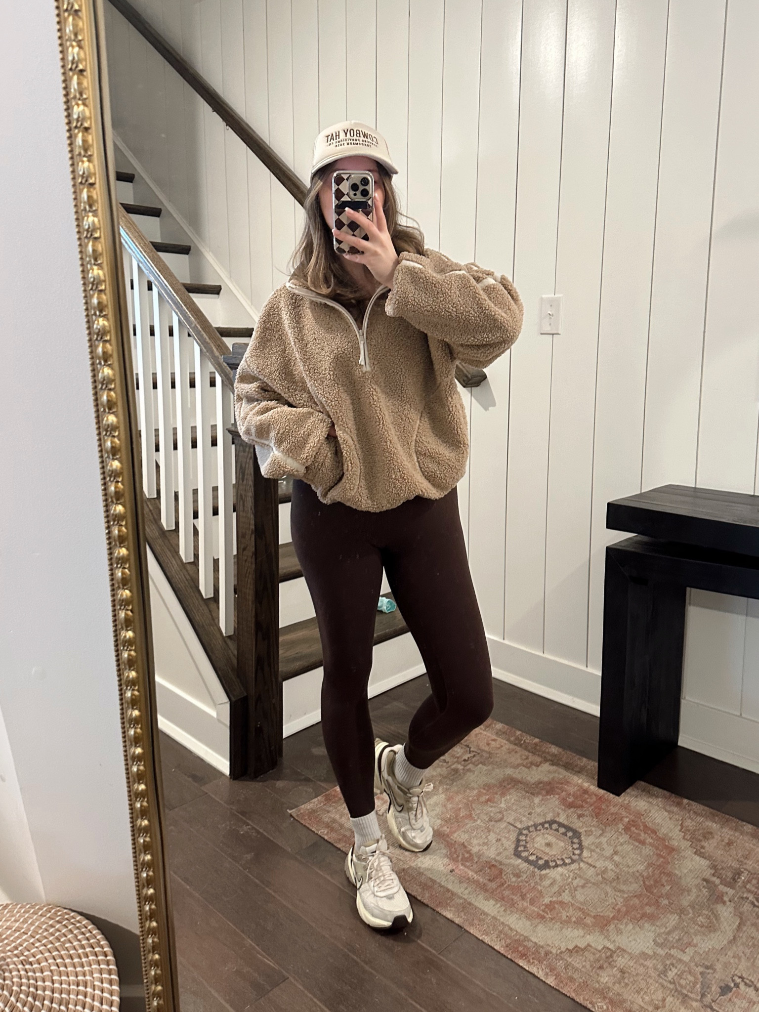 Wearing a large in the pullover! Size 4 in the leggings they are so stretchy and fit over my bump still! 