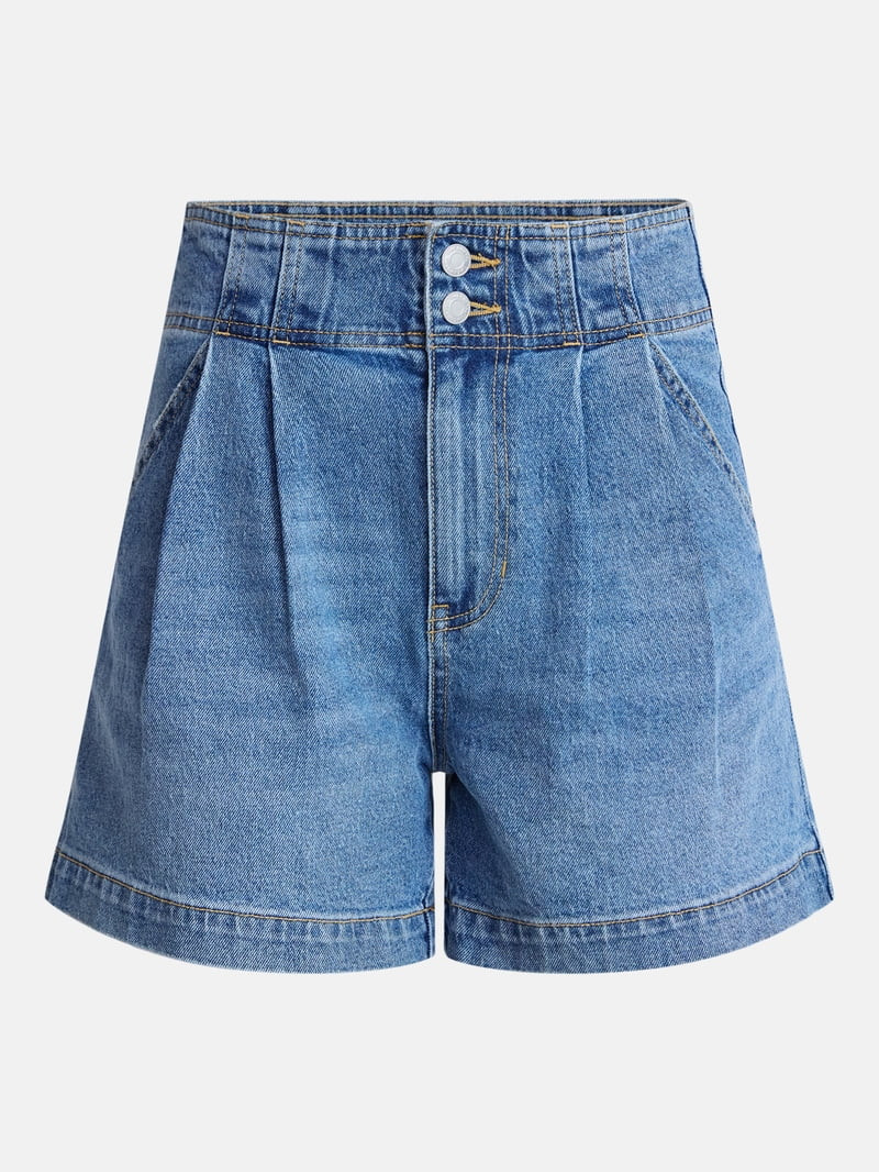 Time and Tru Women's High Rise Pleated Denim Shorts, 4.5" Inseam, Sizes 0-20 | Walmart (US)