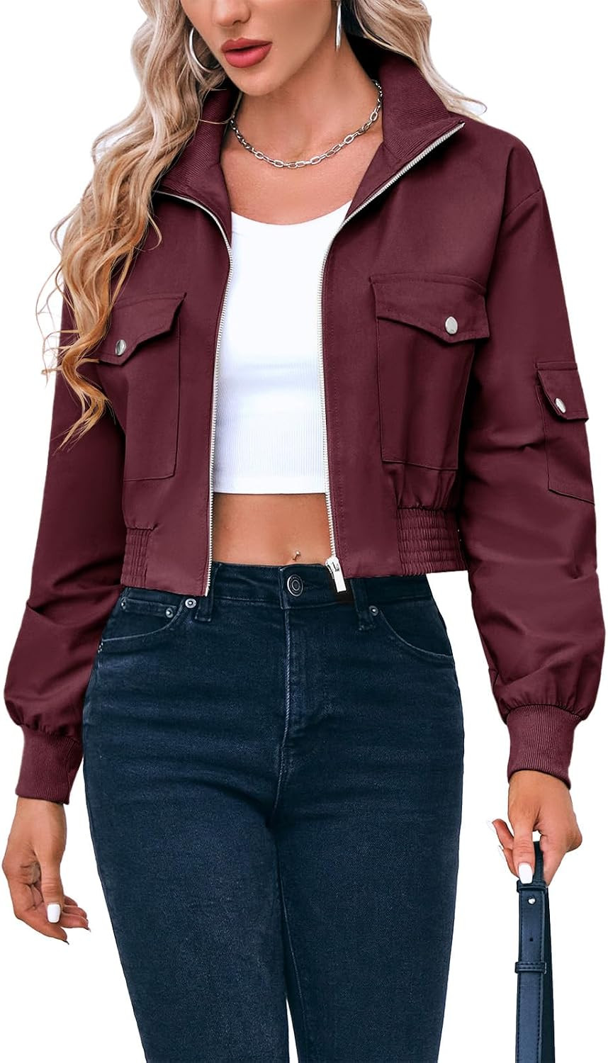 Fisoew Women's Cropped Bomber Jackets Lightweight Zip Up Short Coats | Amazon (US)