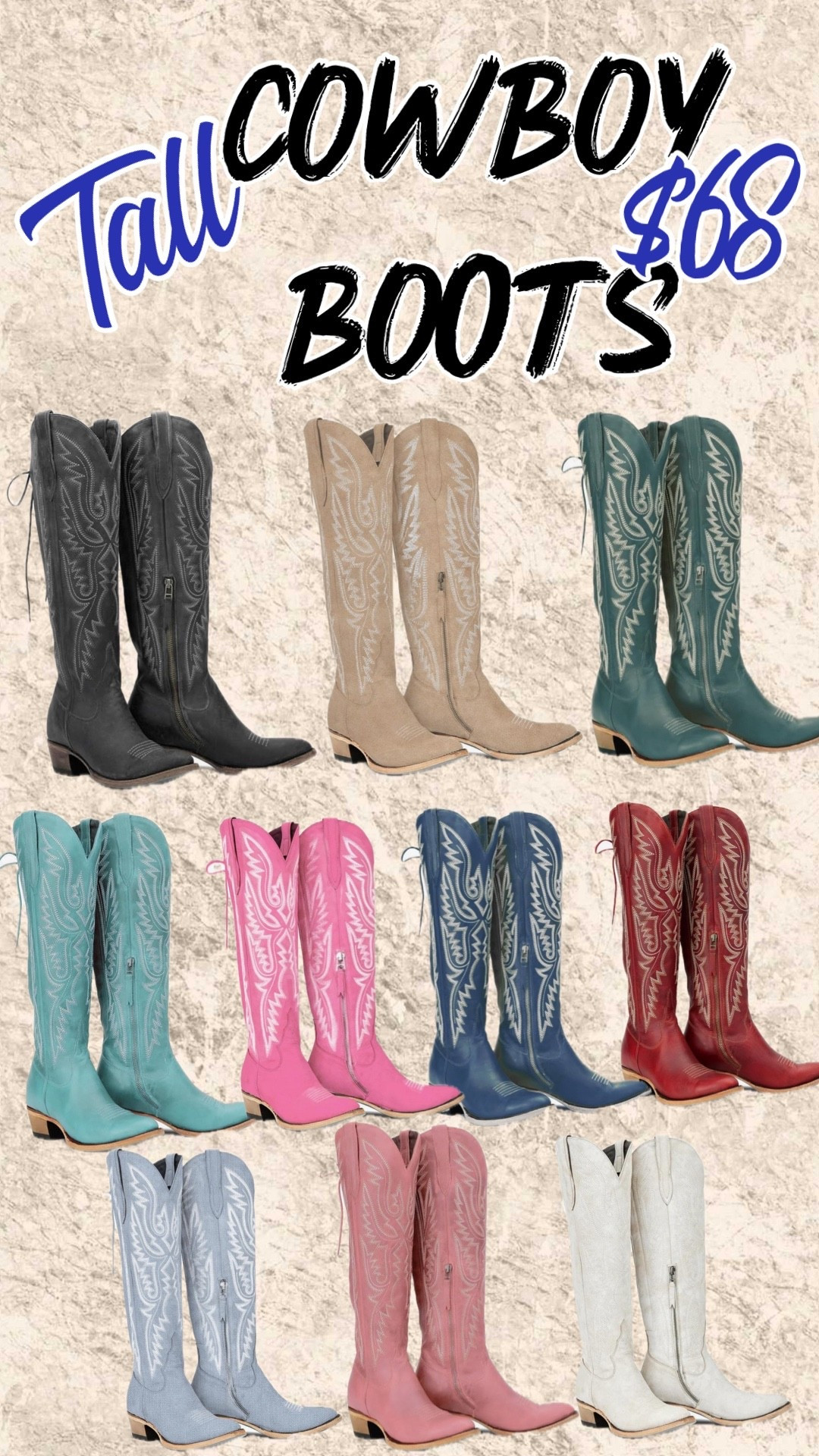 Tall top cowboy boots 
Adjustable wide calf corset back
Tall black cowboy boots 
Red cowboy boots
Turquoise cowboy boots
Blue tall top cowboy boots 
Pink western boots 