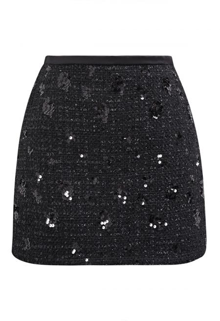 Sumptuous Sequins Tweed Mini Bud Skirt in Black | Chicwish