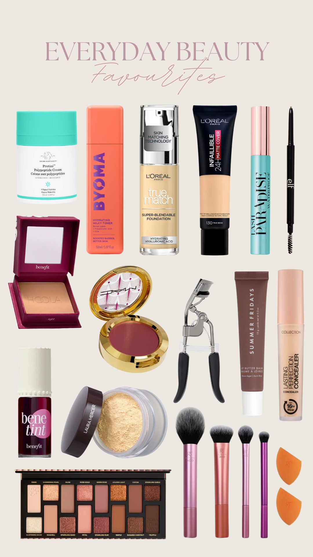 My everyday beauty faves ✨

Skincare, make up, make up routine, benefit, benetint, loreal, true match, waterproof mascara, eyelash curler, laura mercier powder, hoola bronzer, drunk elephant, real techniques 

 #LTKuk #LTKsummer #LTKbeauty