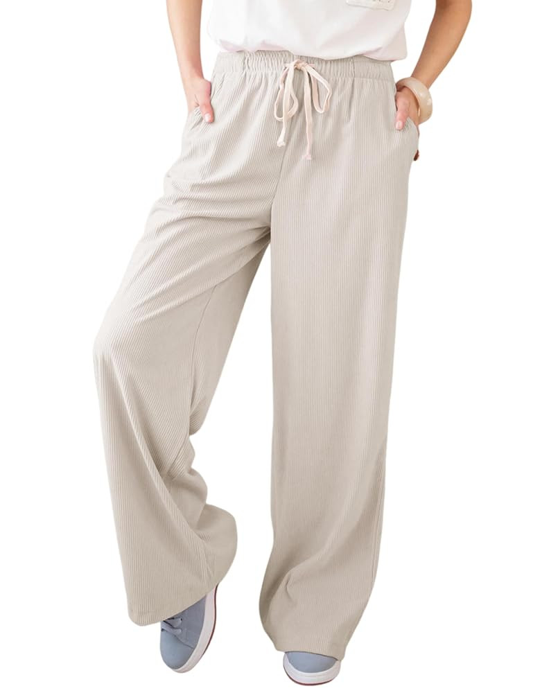 Ailoqing Women's Casual Corduroy Pants Drawstring Elastic Mid-Rise Straight Leg Pants Loose Comfy... | Amazon (US)