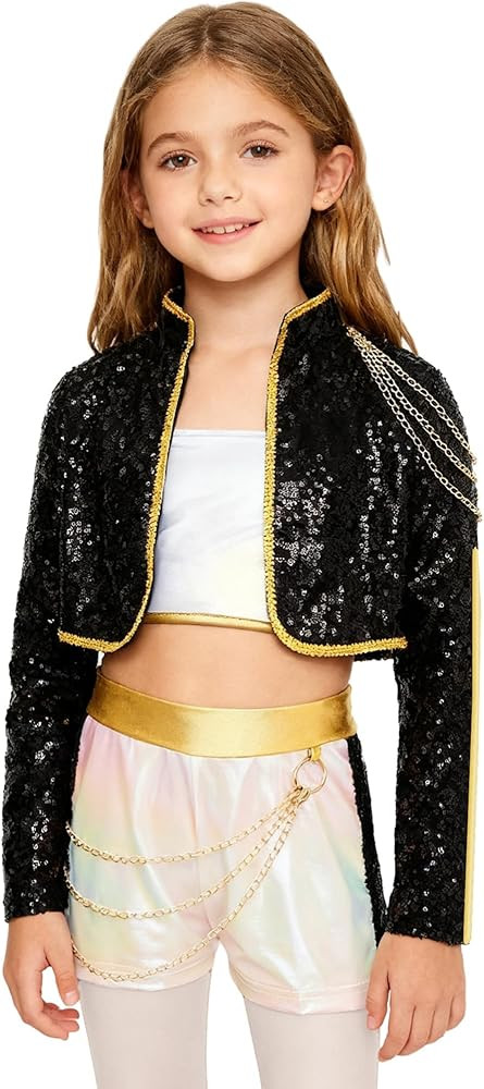 FEESHOW Kids Girls 3Pcs Demon Popular Singer Outfits Sequins Long Sleeve Jacket Iridescent Gloss ... | Amazon (US)