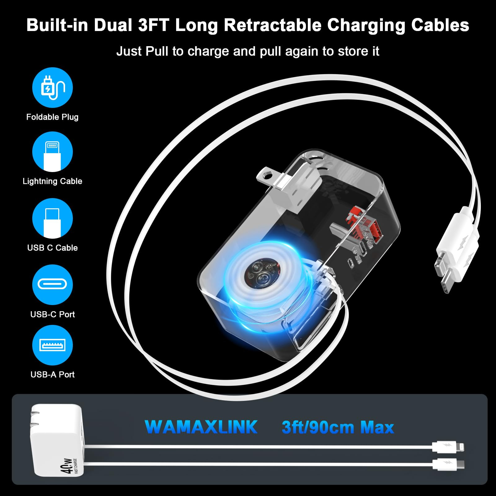 4-in-1 Retractable Wall Charger, 40W Retractable iPhone Charger Wall Plug with Dual 3ft Lightning... | Amazon (US)
