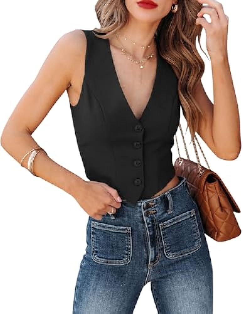 Orchidays Women's Business V Neck Sleeveless Vests Fully Lined Button Up Regular Fitted Jacket Wa... | Amazon (US)