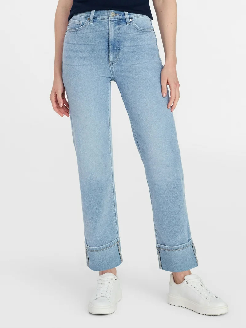 Time and Tru Women's High Rise Straight Leg Cuffed Jeans, 26.5" Inseam, Sizes 0-20 | Walmart (US)