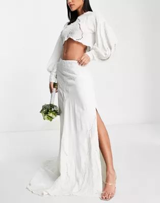 ASOS DESIGN maxi skirt with cutwork embroidery and split in ivory | ASOS | ASOS (Global)