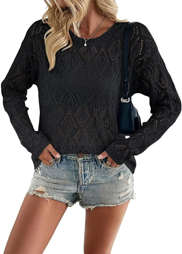 Allimy Women's Crewneck Crochet Lightweight Knit Spring Sweaters for Women Trendy 2026 | Amazon (US)