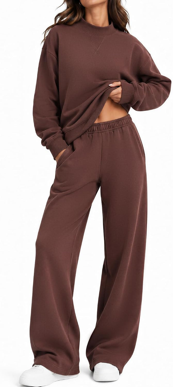 SUUKSESS Women Cotton 2 Piece Outfit Mock Neck Sweatshirt Wide Leg Pants | Amazon (US)