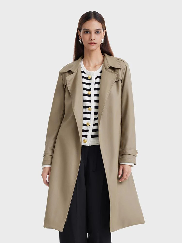 Worsted Woolen Women Trench Coat With Belt - Dusty olive / S | GOELIA