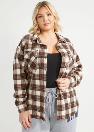 Plus Brown Plaid Plush Oversized Button Down | rue21