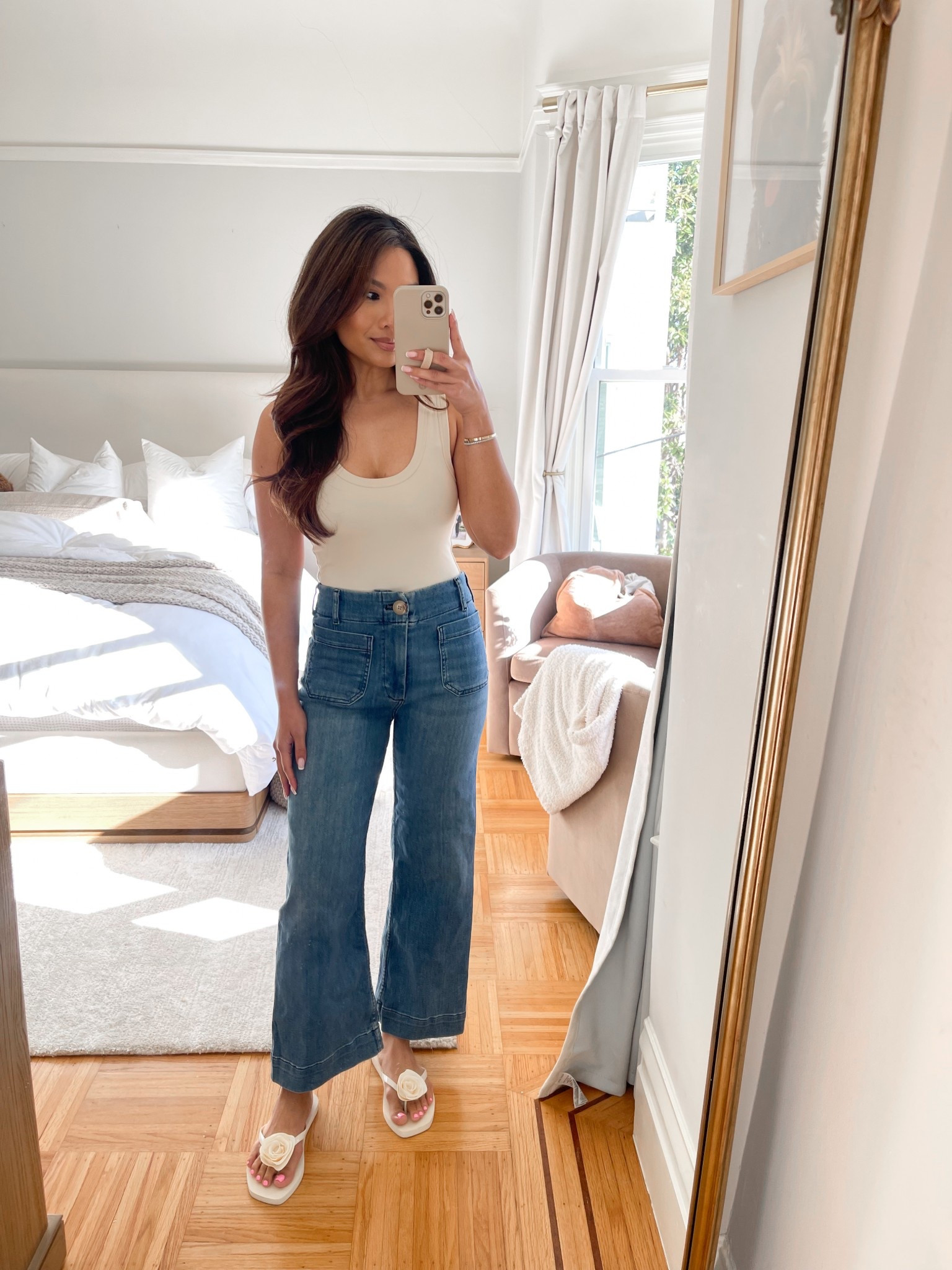 Colette jeans!!

Sizing:
Tank bodysuit - tts, xs
Jeans - tts, 25 super stretchy and comfy!
Rosette flip flops - tts