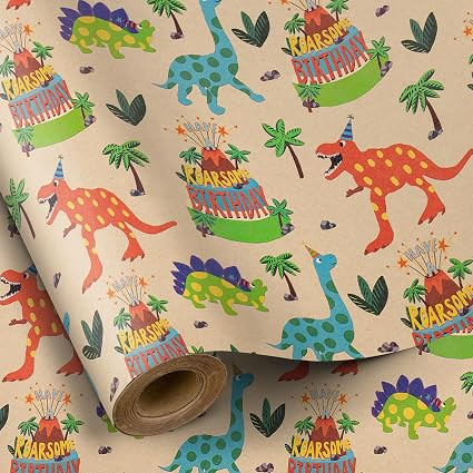 RUSPEPA Dinosaur Wrapping Paper Birthday Boy, Mini Roll, Kraft Wrapping Paper with Dinosaur and C... | Amazon (US)
