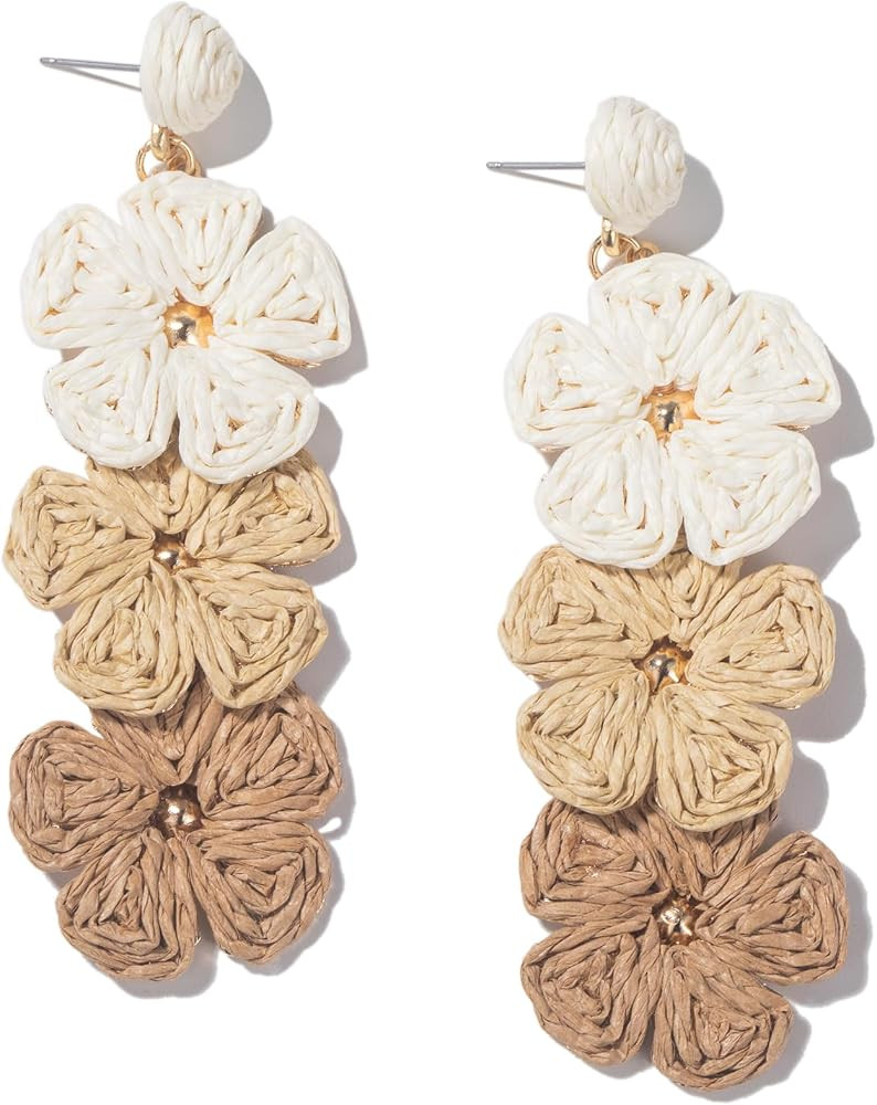 Boho Raffia Flower Drop Earrings Statement Summer Beach Vacation Jewelry | Amazon (US)