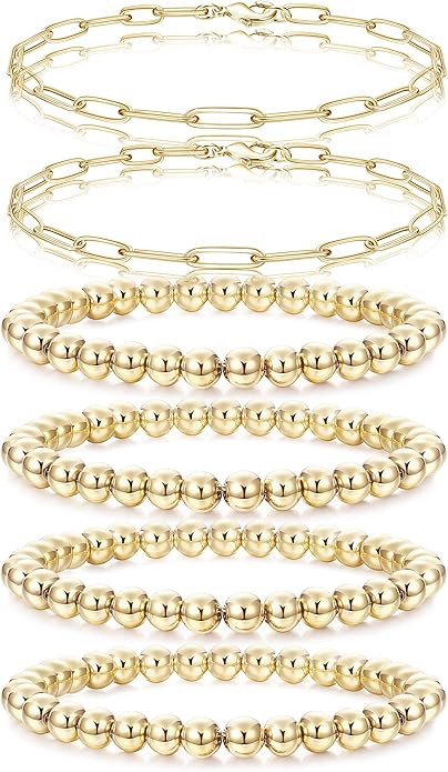 THUNARAZ 14K Gold Plated Beaded Bracelets for Women Gold Layered Paperclip Beads Link Chain Brace... | Amazon (US)