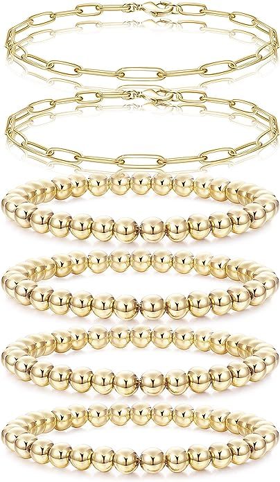 THUNARAZ 14K Gold Plated Beaded Bracelets for Women Gold Layered Paperclip Beads Link Chain Brace... | Amazon (US)