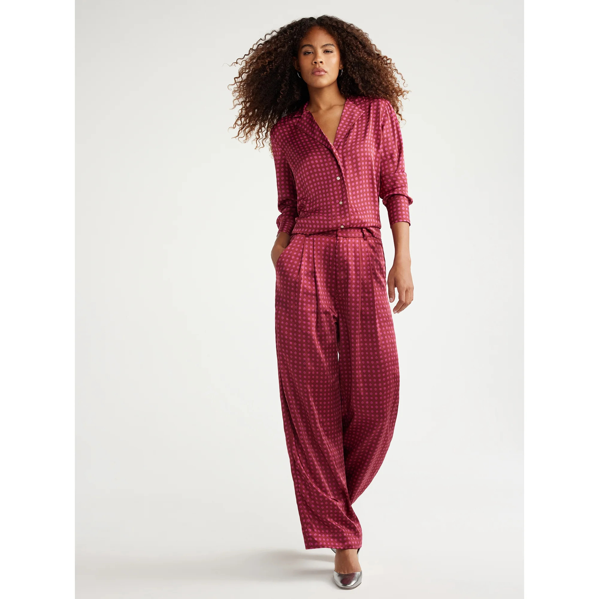 Free Assembly Women's Button Front Satin Blouse with Long Sleeves, Sizes XS-XXXL | Walmart (US)