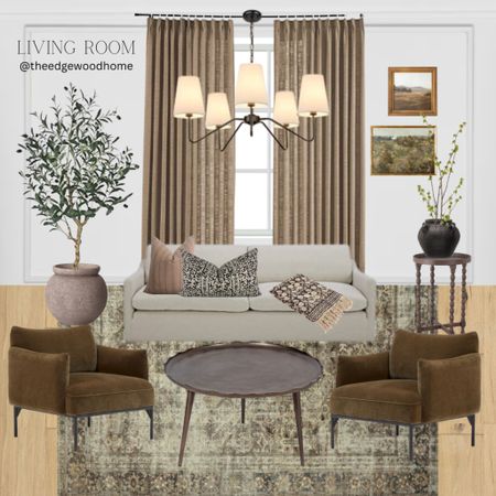 Living room ideas, curtains, drapes, chandelier, couch, sofa, coffee table, side table, chairs, accent chair, rug, loloi rug, olive tree, wall art