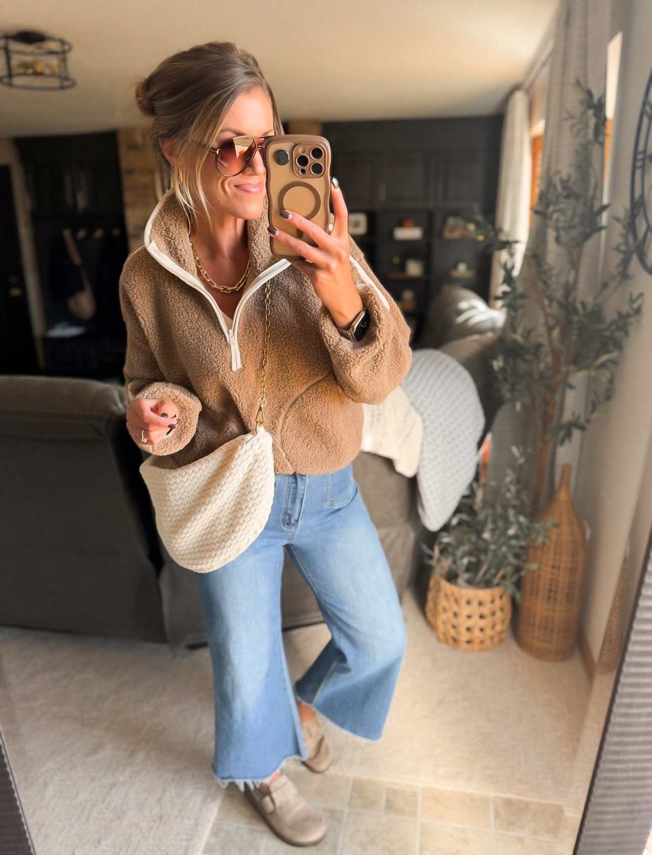 Swapped out my joggers and sneakers for jeans and clogs to dress this Sherpa up a little to head to dinner   
Wearing small in quarter zip 
Size 6 in jeans 
#LTKSeasonal #LTKSaleAlert