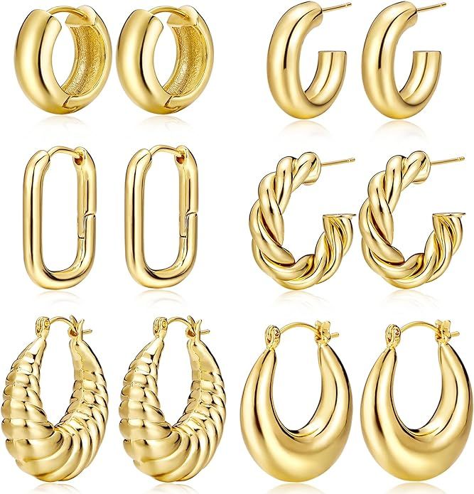 Gold Hoop Earrings for Women,14K Gold Plated Thick Hoop Earrings Pack, Chunky Hoops Set Hypoaller... | Amazon (US)