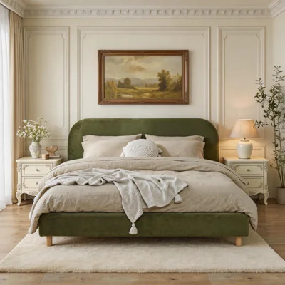 Olive Green Velvet Upholstered Platform Bed with Rounded Headboard | Wayfair North America