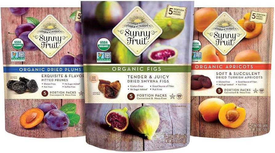 Sunny Fruit Organic Dried Fruit Assortment - Prunes, Figs & Apricots Variety, 3 Bags (15 Individu... | Amazon (US)