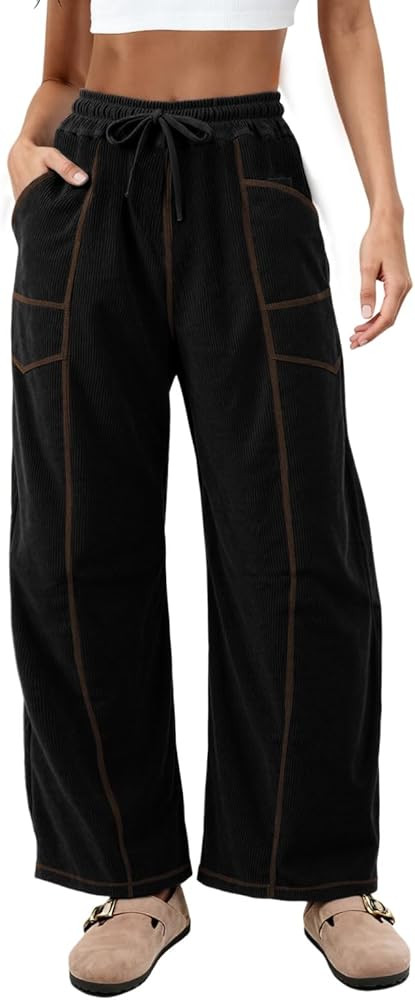 Athlisan Womens Corduroy Barrel Pants Casual Drawstring Waist Wide Leg Baggy Palazzo Trousers wit... | Amazon (US)