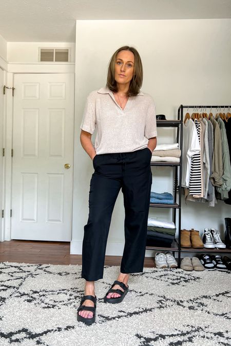 Casual outfit idea. Summer outfit idea. Travel outfit. Sweater t-shirt. Black linen pants. Vacation outfit. 

Sizing
Top is a medium.
Pants are a medium. 
I went up a full size in the sandals.

#LTKunder100 #LTKunder50 #LTKstyletip