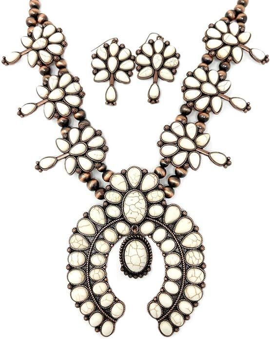 Emulily Chunky Western Squash Blossom Statement Necklace and Earrings Set Navajo Pearl | Amazon (US)