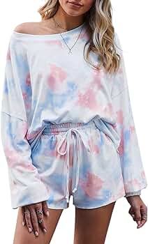 Womens Tie Dye Printed Ruffle Short Lounge Set Long Sleeve Tops and Shorts 2 Piece Pajamas Set Sl... | Amazon (US)