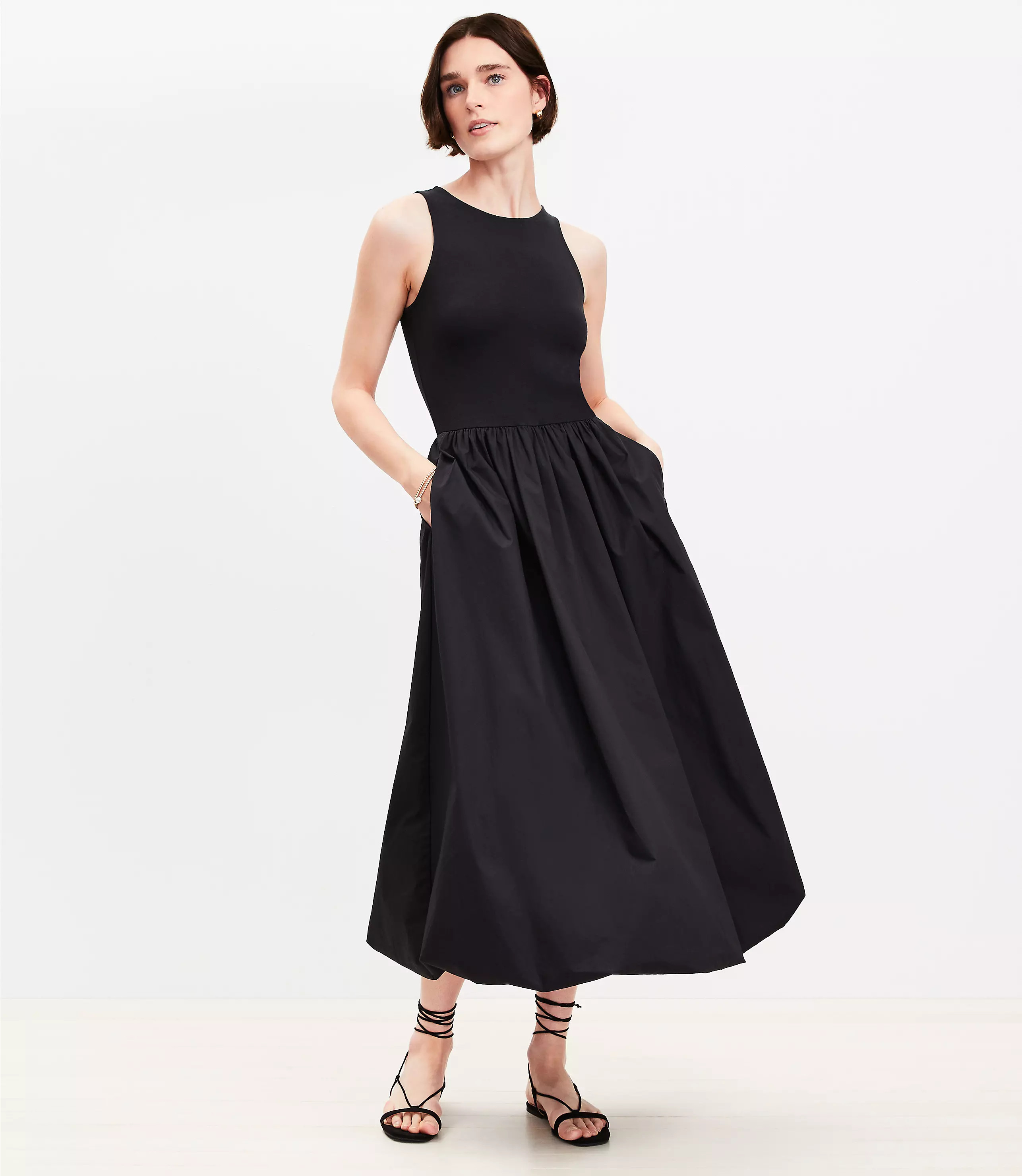 Poplin Bubble Mixed Media Midi Dress | LOFT