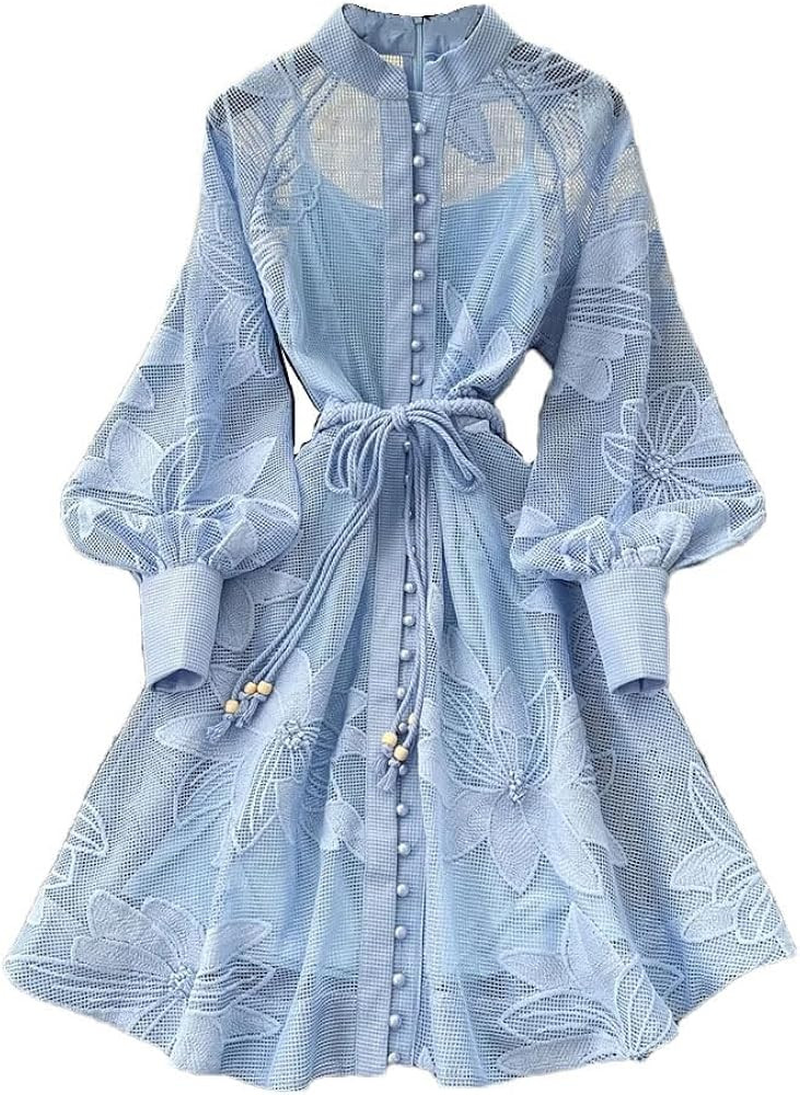 Spring Summer Lace Embroidery Dress for Women Long Lantern Sleeve Single Breasted Belt Party Dres... | Amazon (US)
