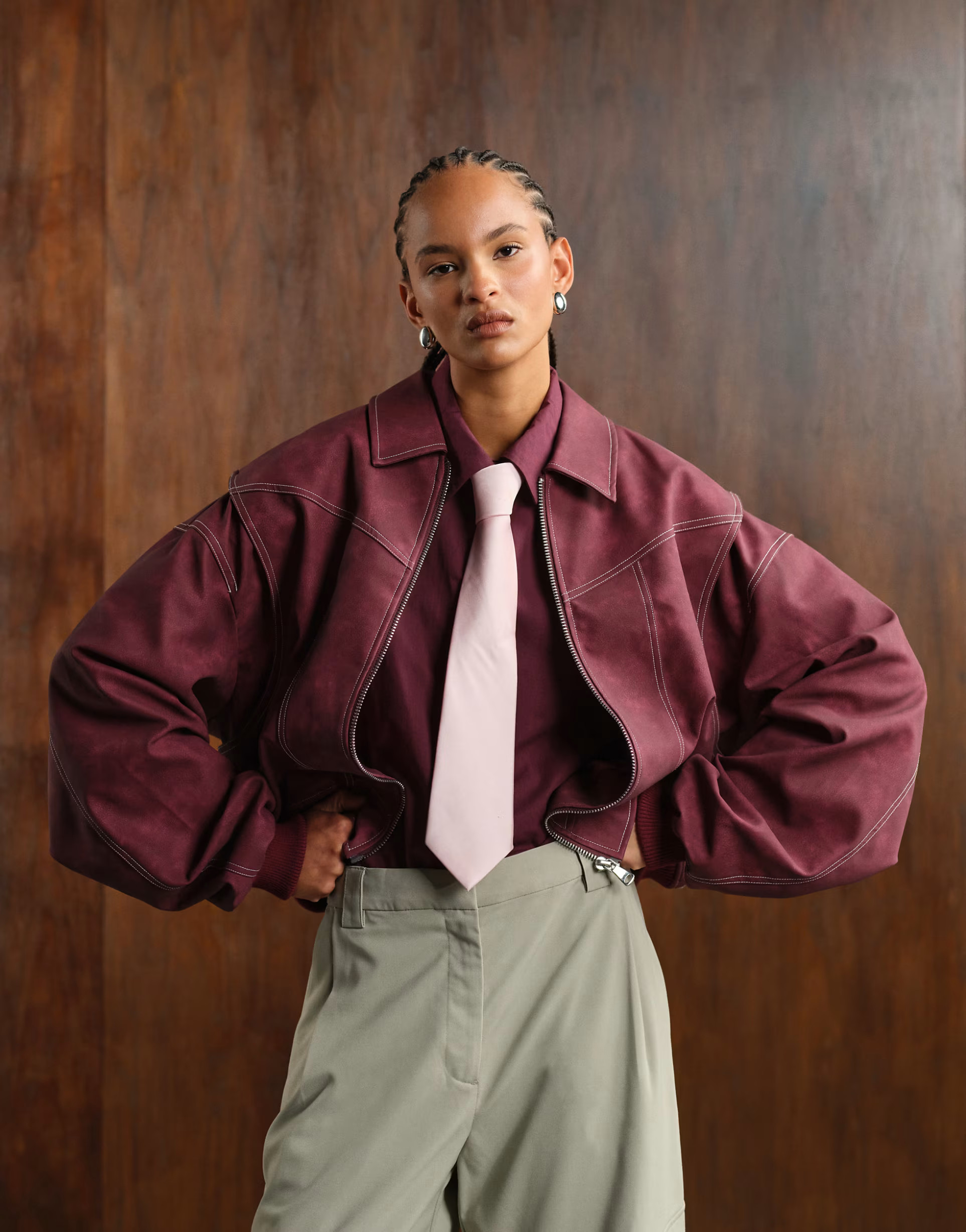 Lioness exclusive Vista leather look contrast stitch bomber jacket in wine red | ASOS | ASOS (Global)