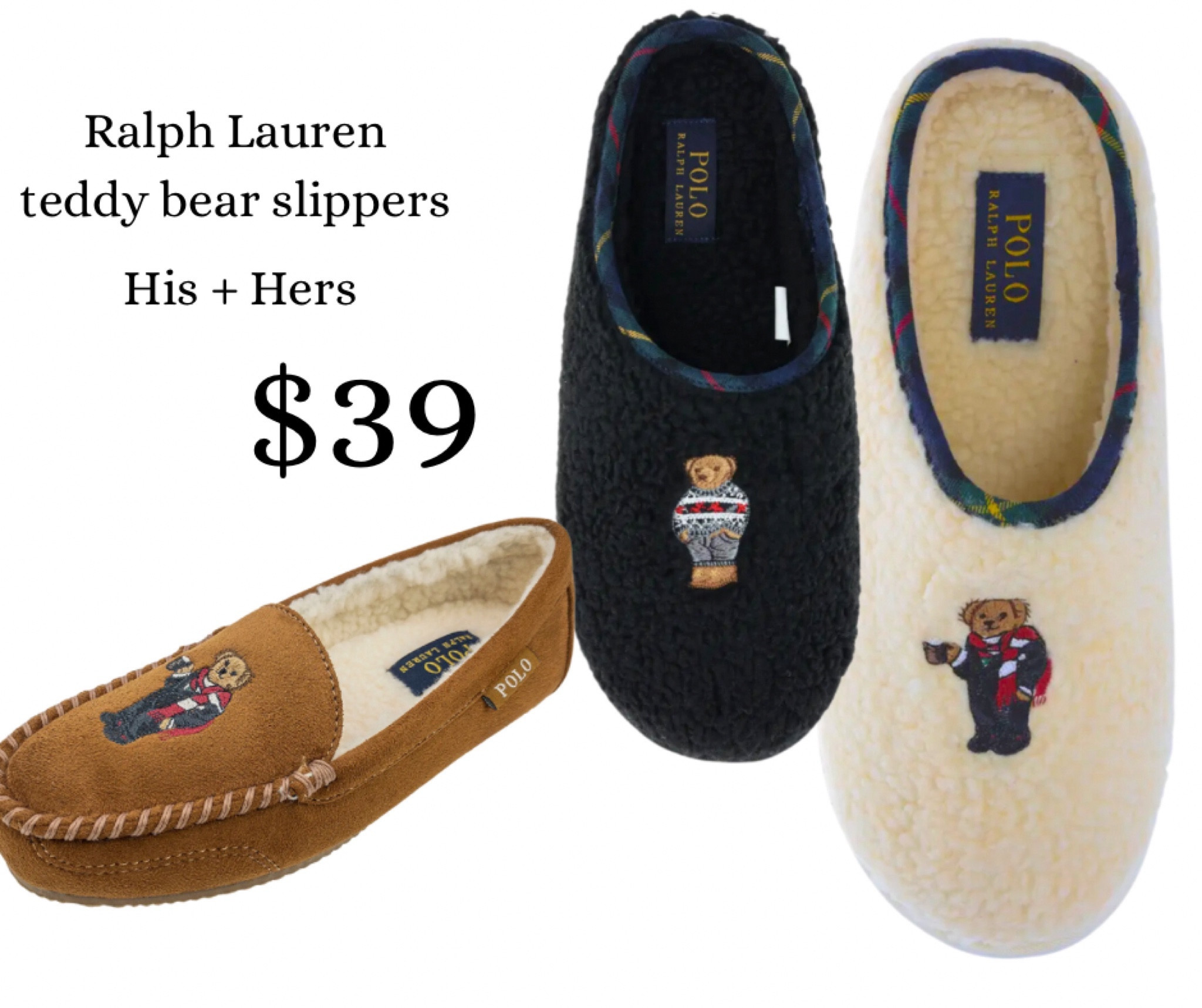 His + Hers teddy bear shearling slippers. POLO Ralph Lauren embroidered bear slippers and moccasins 🎁 #his+hers #giftguide #couplesgift #stockingstuffers #christmaspajamas #LTKCyberWeek 

#LTKHoliday #LTKsalealert