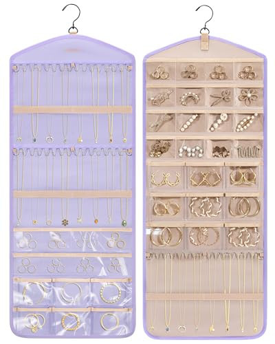 BAGSMART Hanging Jewelry Organizer with Hanger Metal Hooks Double-Sided Jewelry Holder for Organizing Earrings Necklaces Rings Perfect for in Hanging Closet, Wall, Door, 1 Piece, Large, Light Purple | Amazon (US)
