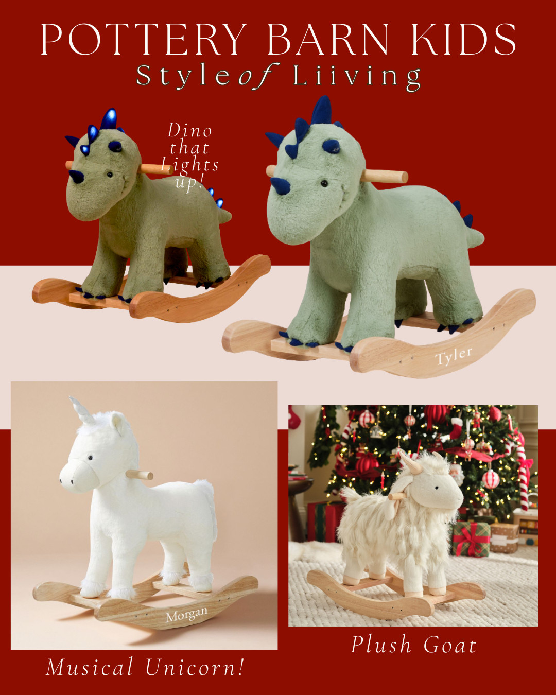 Pottery Barn Kids! Gifts for kids and babies. Adorable, animal rocker toys that light up and play music including dinosaurs, unicorns, goats, elephants, and more!
#potterybarnkids #pbkids #potterybarn #giftsforkids #giftsforbabies  

 #LTKGiftGuide #LTKBaby #LTKKids