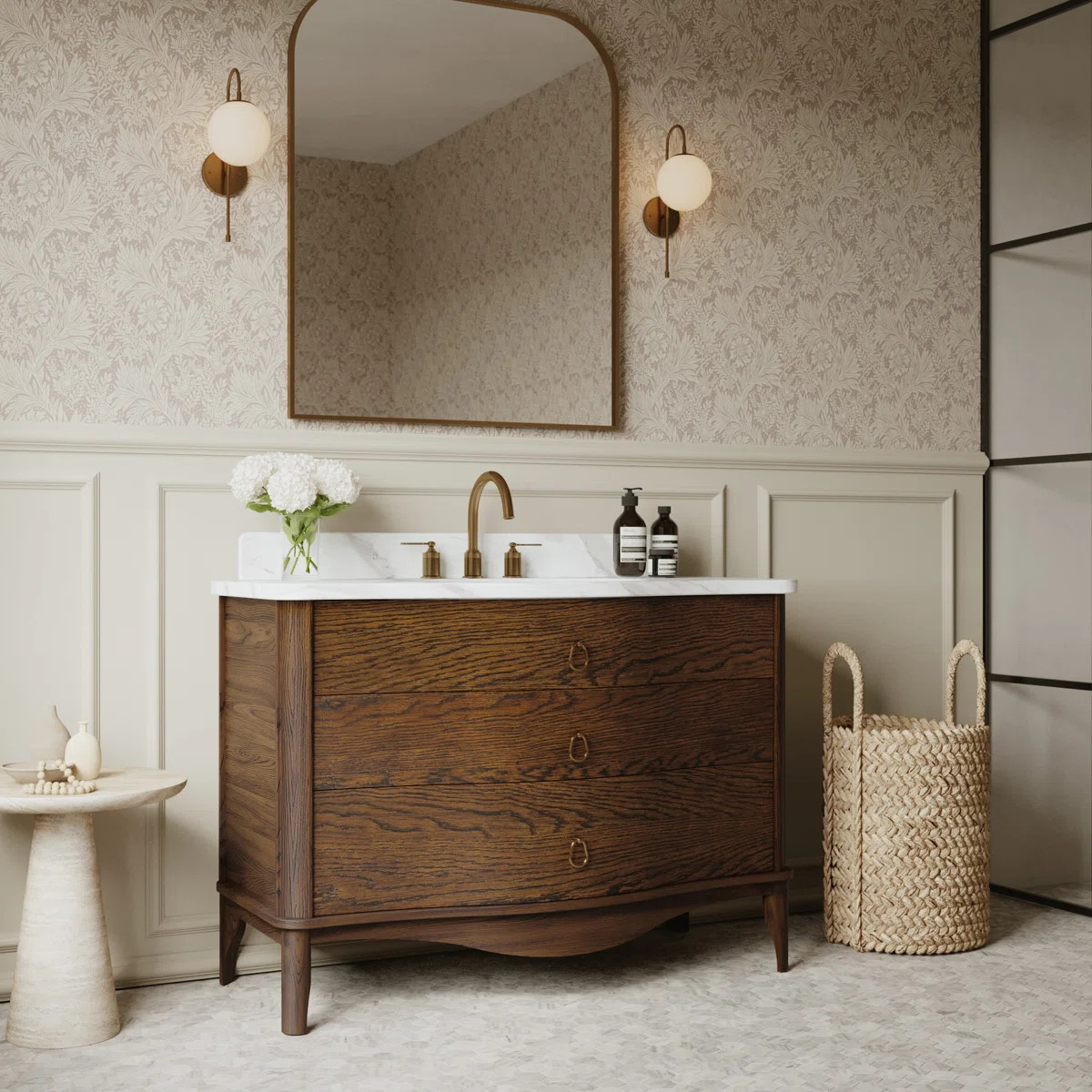 Clister 48" Vanity in Enhanced Brown Oak with Statuario Quartz Countertop | Wayfair North America