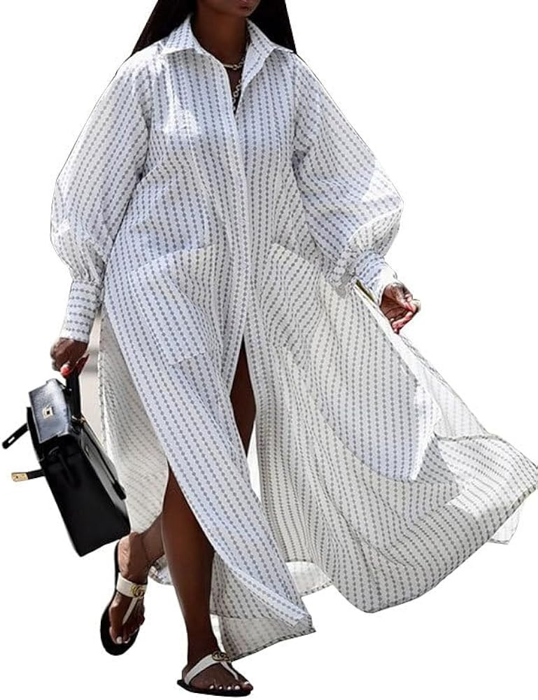 UOOZEE Women's Puff Long Sleeve Button Down Loose Maxi Shirt Dress Side Slit Spring Summer Beach ... | Amazon (US)