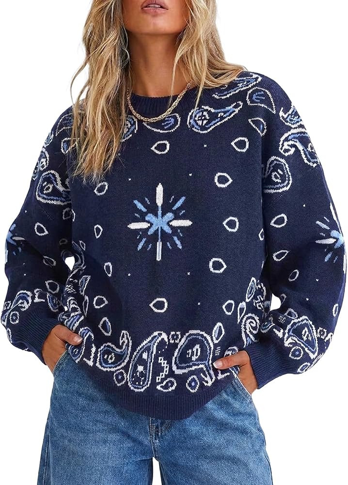 Womens Paisley Pattern Sweaters Ribbed Crew Neck Knit Pullover | Amazon (US)