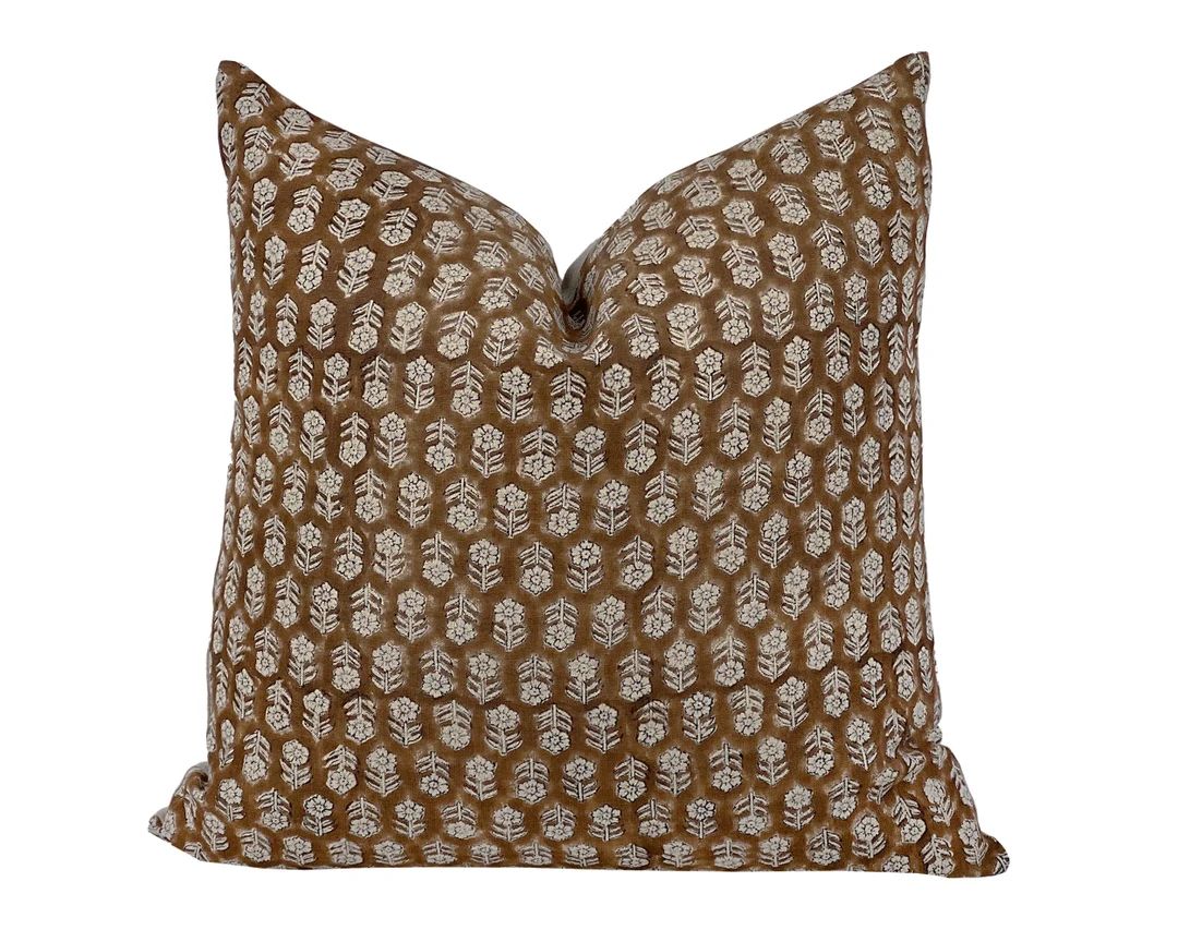 MARGEAUX BRUN Designer Dark Brown Floral Linen Pillow Cover, Block Print Pillow, Mocha Brown Pill... | Etsy (US)