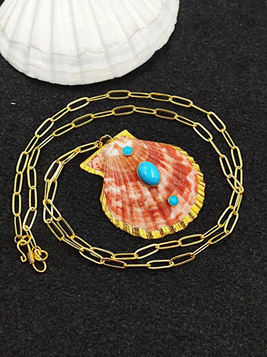 Gold Fill Scallop Seashell Necklace with Turquoise Gemstone | Etsy (Global)