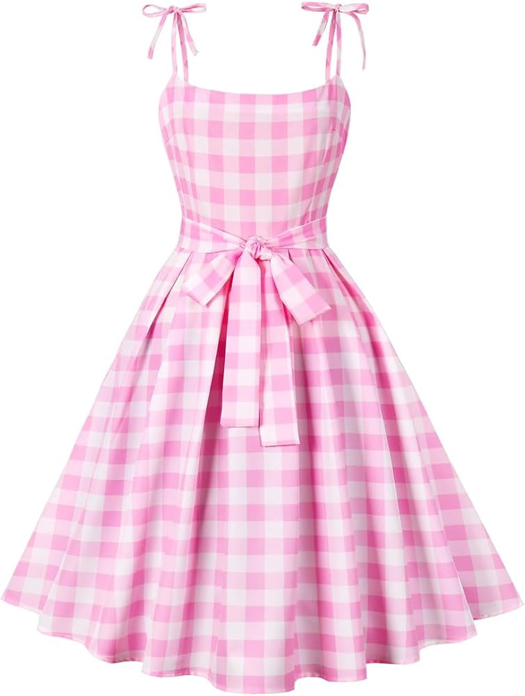 ODASDO Pink Gingham Dress for Women Vintage Rockabilly 1950s Spaghetti Strap A-line Swing Midi Co... | Amazon (US)