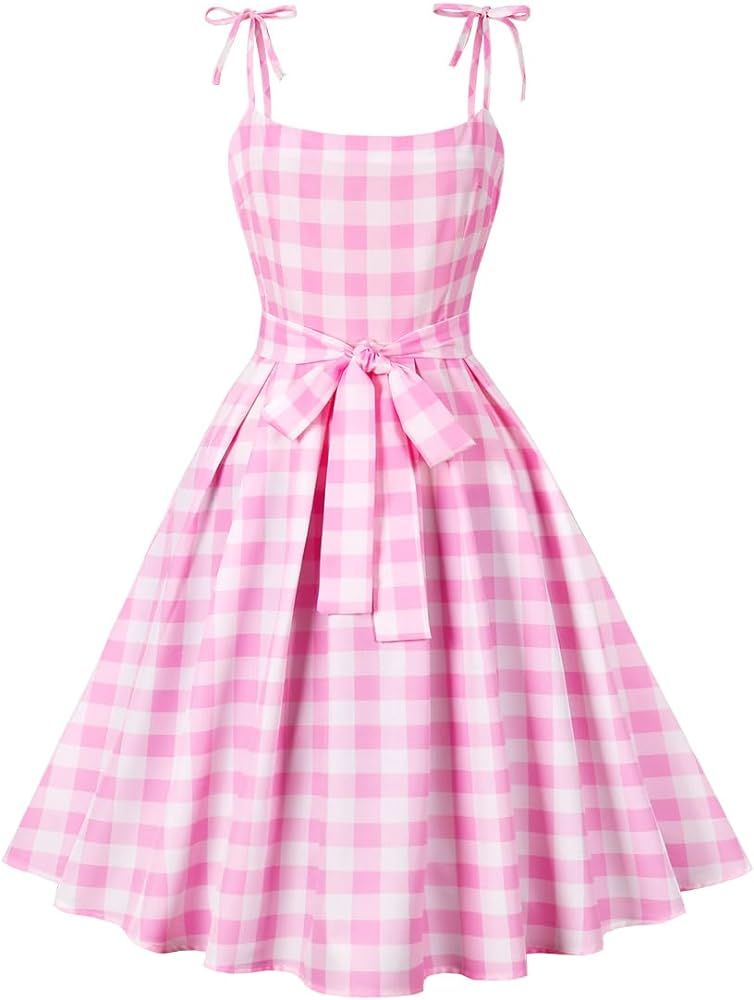 Vintage Pink Gingham Dress for Women Vintage 1950s Cocktail Party Swing Dress 50's Retro Spaghett... | Amazon (US)